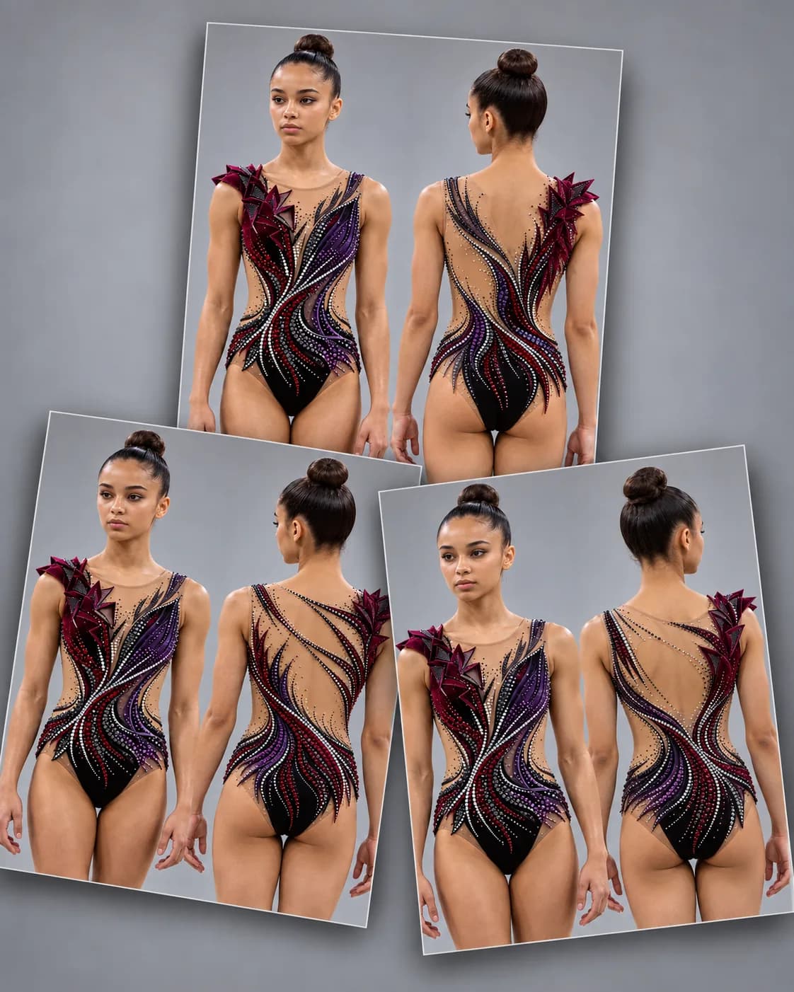 Burgundy and purple rhythmic gymnastics leotard with a sculpted shoulder detail: three AI-generated back designs