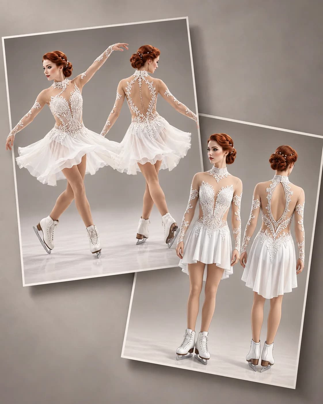White lace figure skating dress: front view and two AI-generated open-back designs