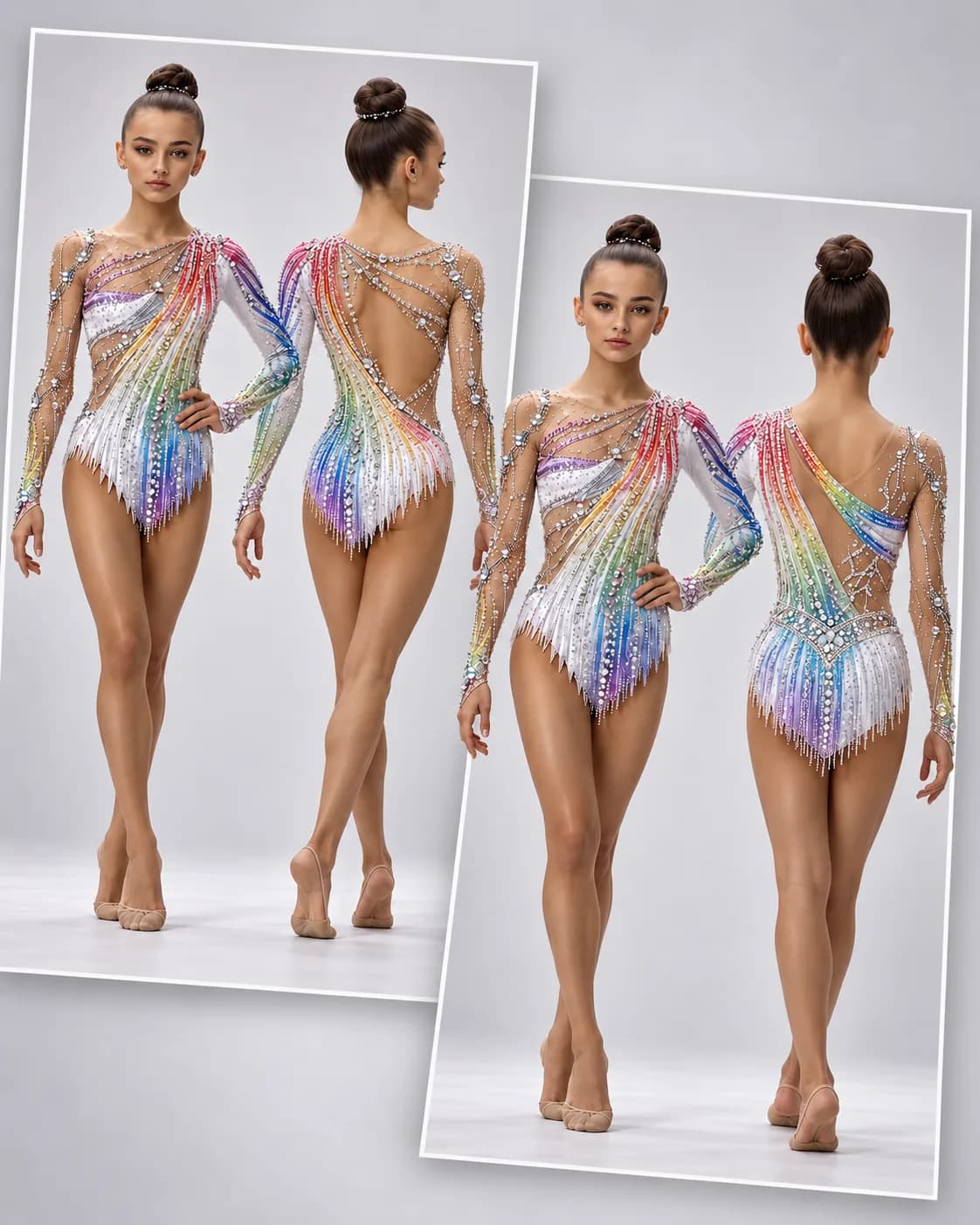 White long-sleeved rhythmic gymnastics leotard with a rainbow gradient: two AI-generated back designs