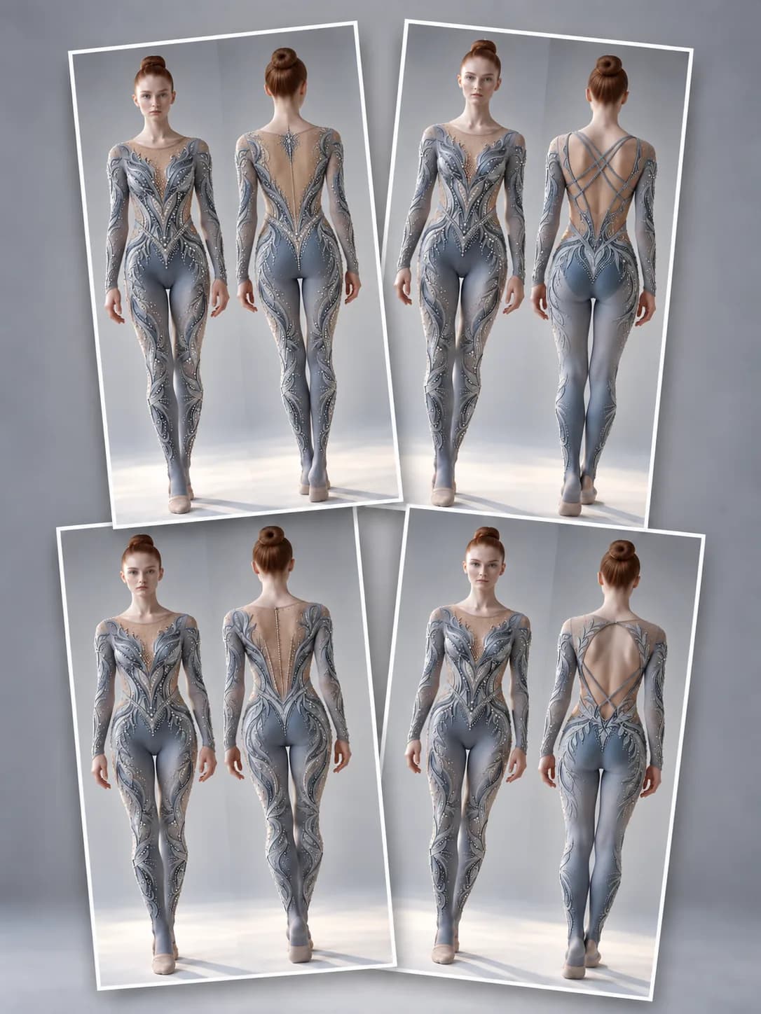 Unitard with silver embroidery: front view and four AI-generated back designs from one reference