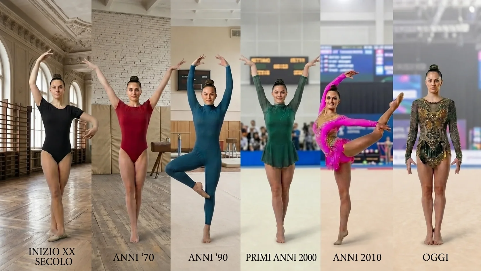 L'evoluzione del body di ginnastica ritmica, dalla semplice maglieria degli anni Cinquanta alla couture di cristalli Swarovski