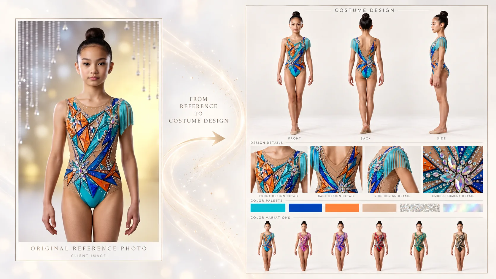 Costume map built from a reference photo: rhythmic gymnastics leotard in front, back and side views with embellishment details, a color palette and color variations
