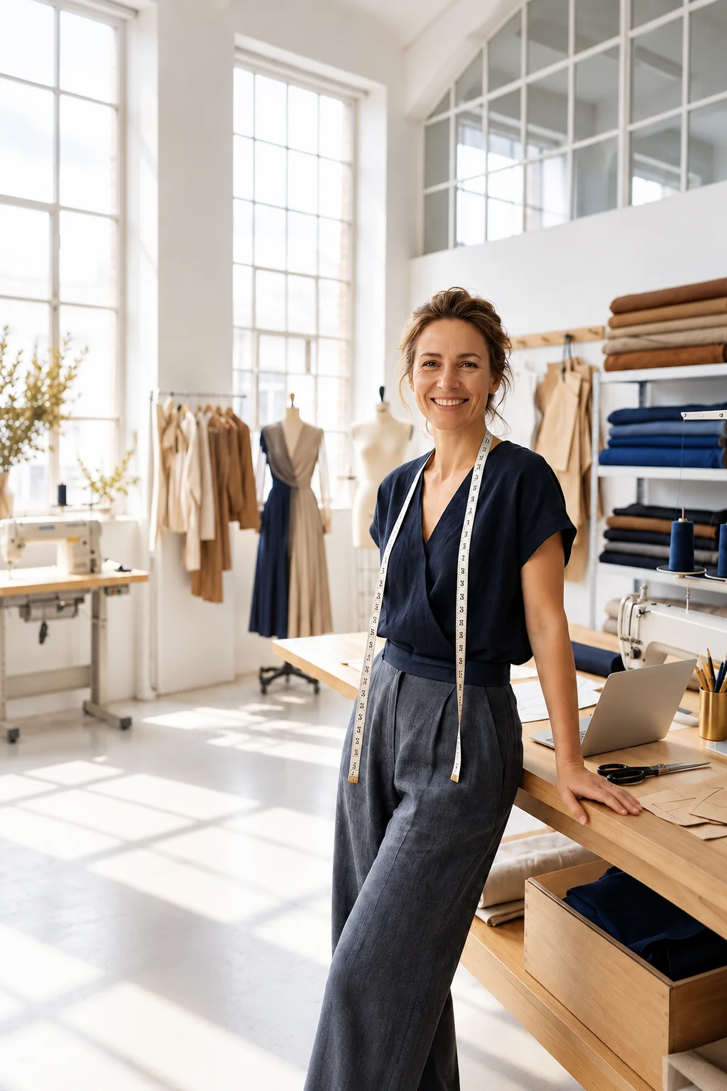 Lächelnde Modedesignerin mit Maßband um den Hals in einem hellen Nähatelier, angelehnt an einen Arbeitstisch mit Laptop und Schnittmustern
