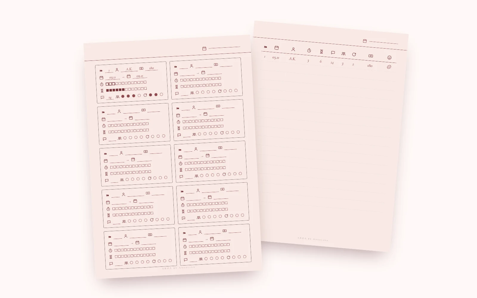 Two printable AROA order log sheets: order cards and a monthly table
