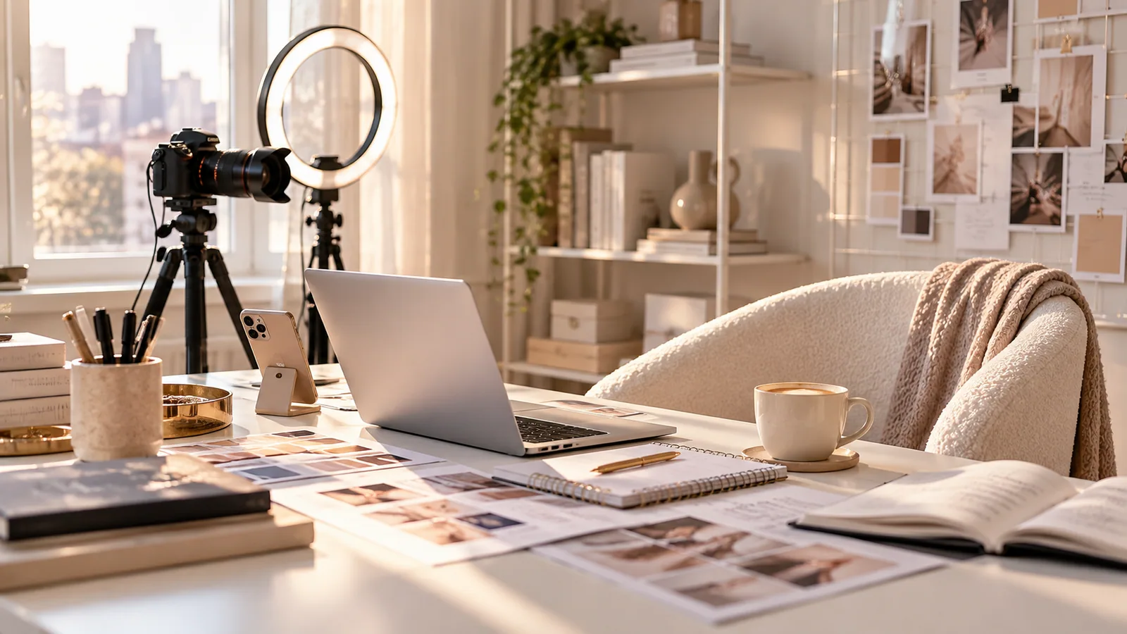 A bright desk with a laptop, a camera on a tripod, a ring light and photos for social media